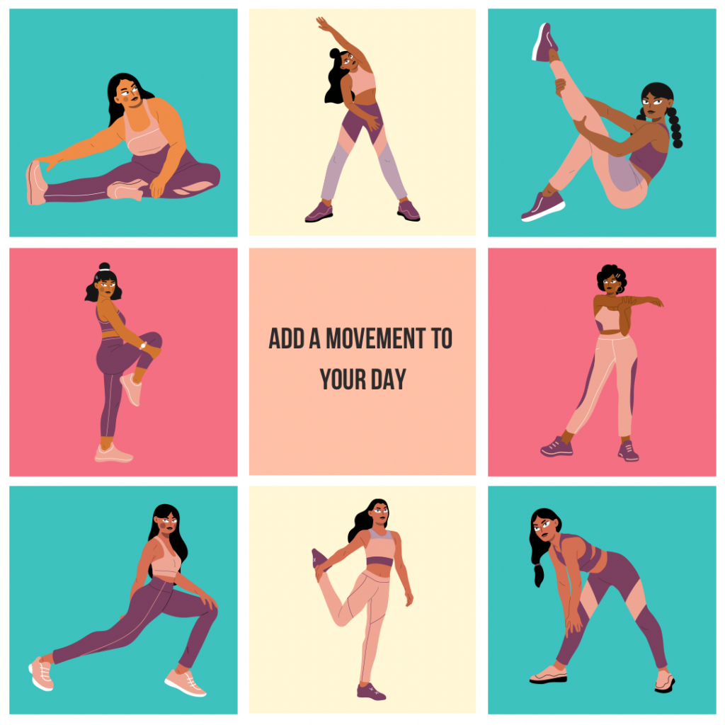 Animated woman performing eight stretches. 